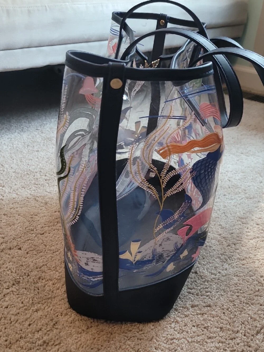 Spartina 449 Clear Mermaid-Print Tote with Navy Trim And Gold Hardware